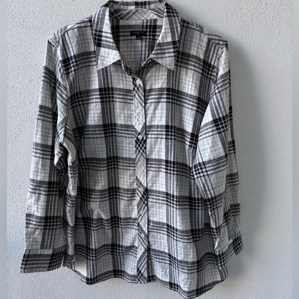 Talbots 2X Black White Plaid Button Up Shirt Long Sleeve Metallic Thread Western